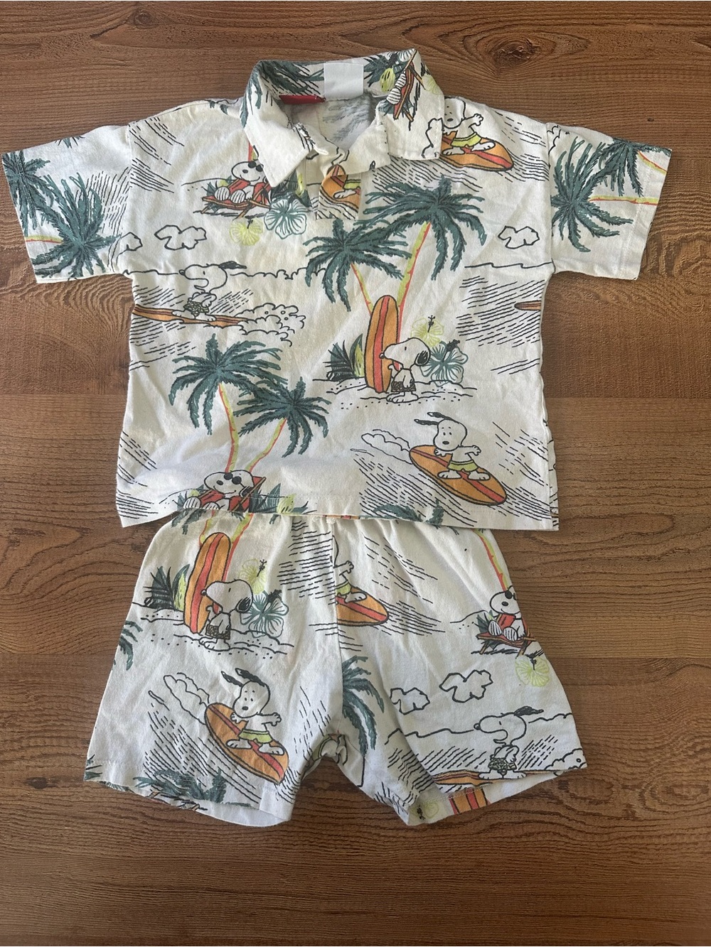 Kids Surf Snoopy Set - White with Green Palm Print